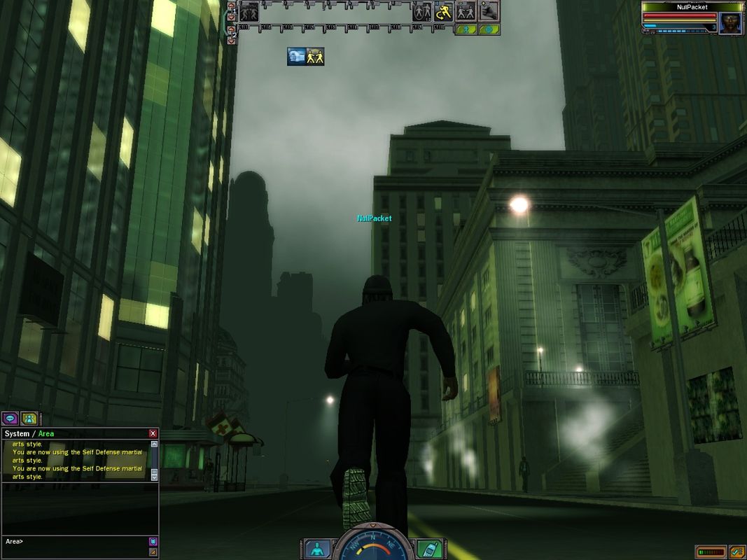 The Matrix Online (Windows) screenshot: The downtown area. Stay here too long without stealing authorization and an Agent will come after you.