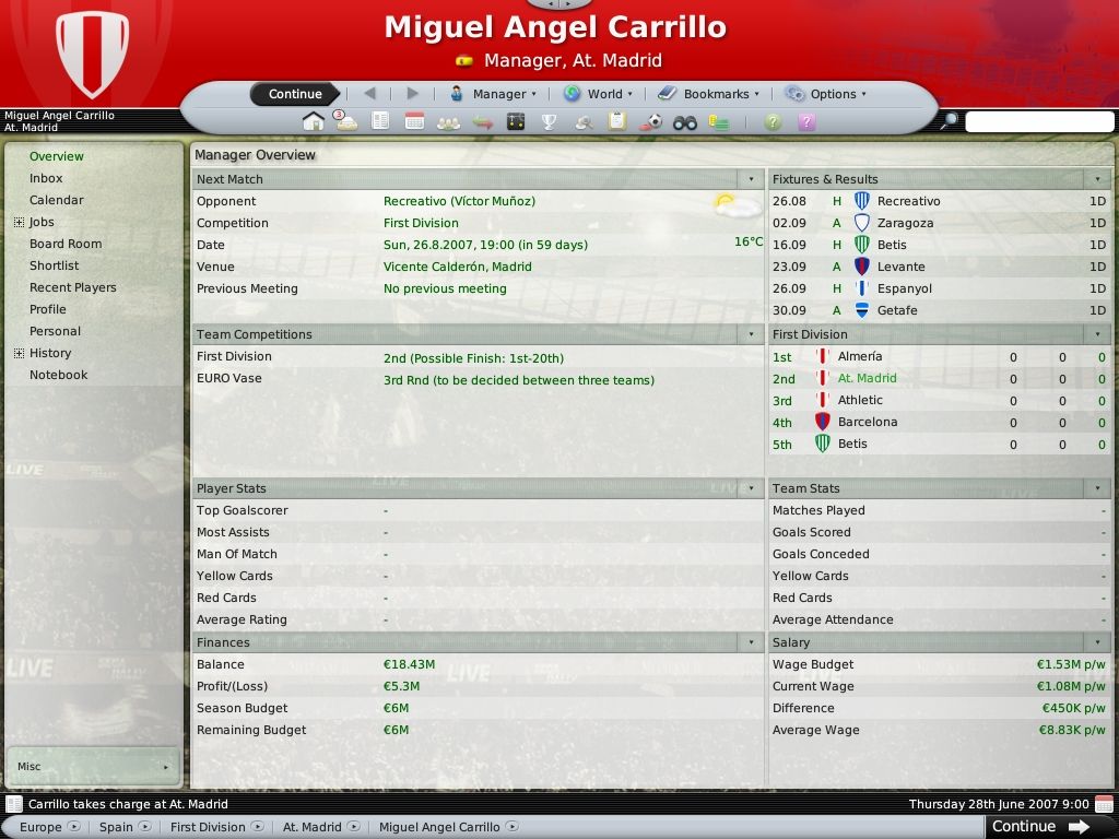 Worldwide Soccer Manager 2008 (Windows) screenshot: Manager overview at the beginning of the season