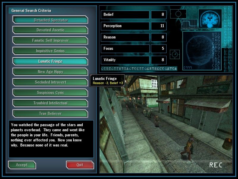 The Matrix Online (Windows) screenshot: Character creation part 1. Your background defines your stats.