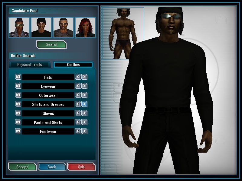 The Matrix Online (Windows) screenshot: Character creation part 2. You can combine presets into a (hopefully) unique look.