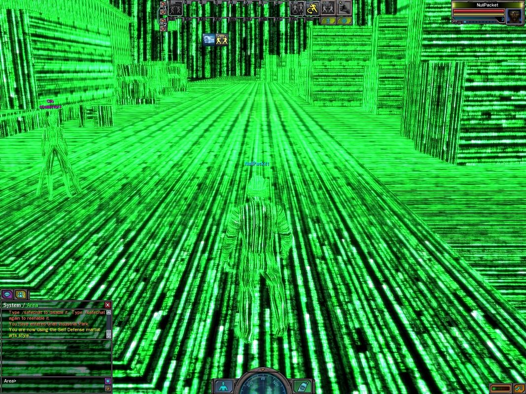 The Matrix Online (Windows) screenshot: Every time an area loads, it will start as Matrix code and fade into the complete level.