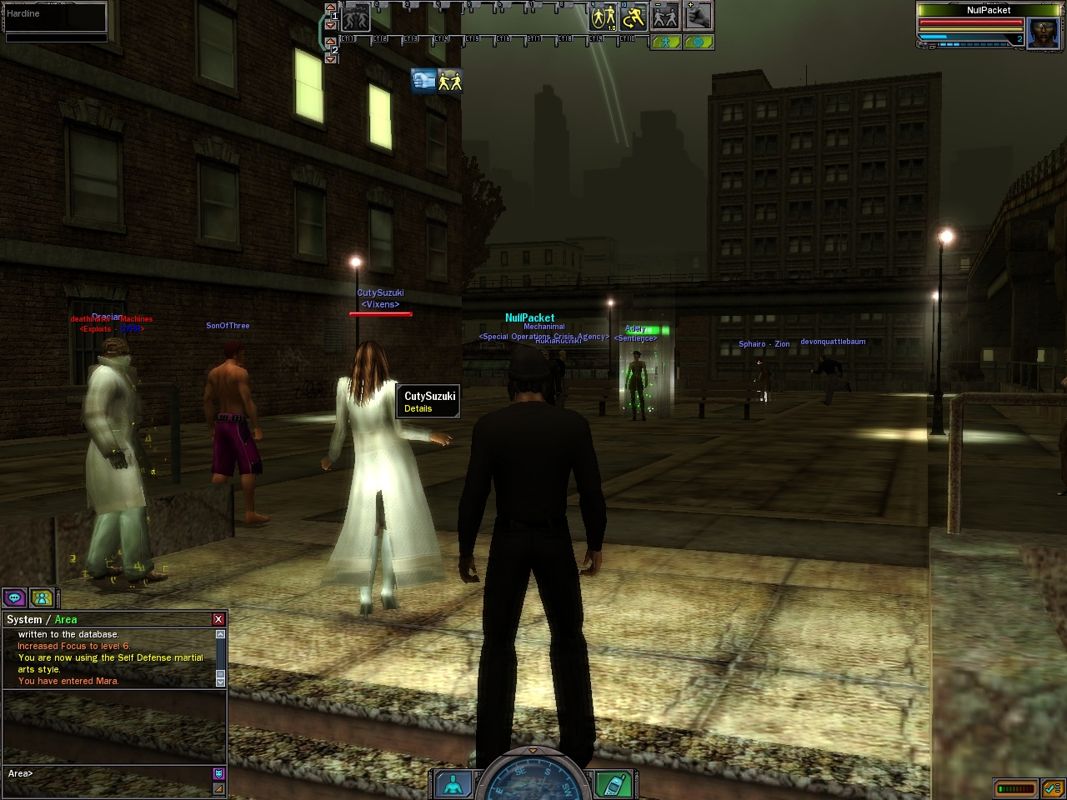 The Matrix Online (Windows) screenshot: Players congregate in the Mara courtyard.