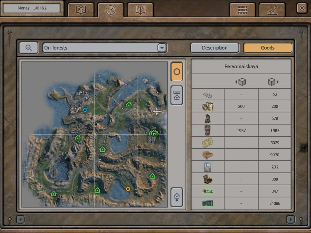 Hard Truck: Apocalypse - Rise of Clans (Windows) screenshot: The map will help you get your bearings, keep track of goals and check prices when trading goods.