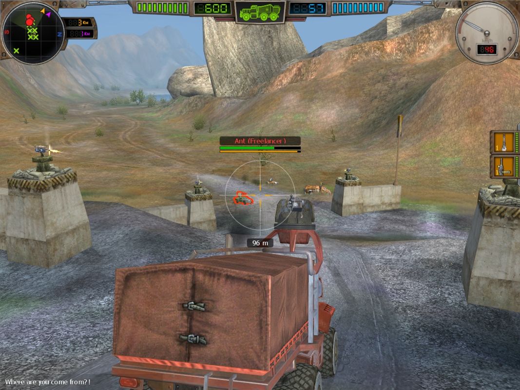 Hard Truck: Apocalypse - Rise of Clans (Windows) screenshot: As I'm leaving town, the gun emplacements open fire on a hostile raiding party.