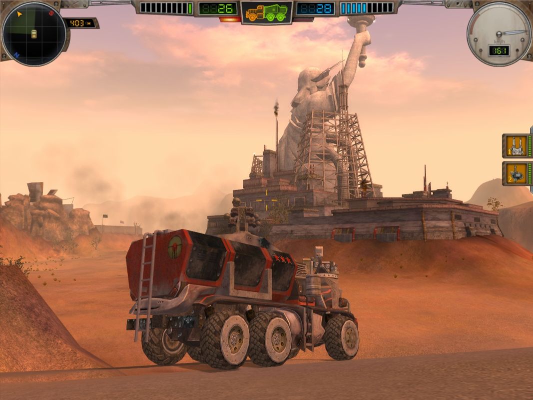 Hard Truck: Apocalypse - Rise of Clans (Windows) screenshot: Approaching Sam's desert fortress.