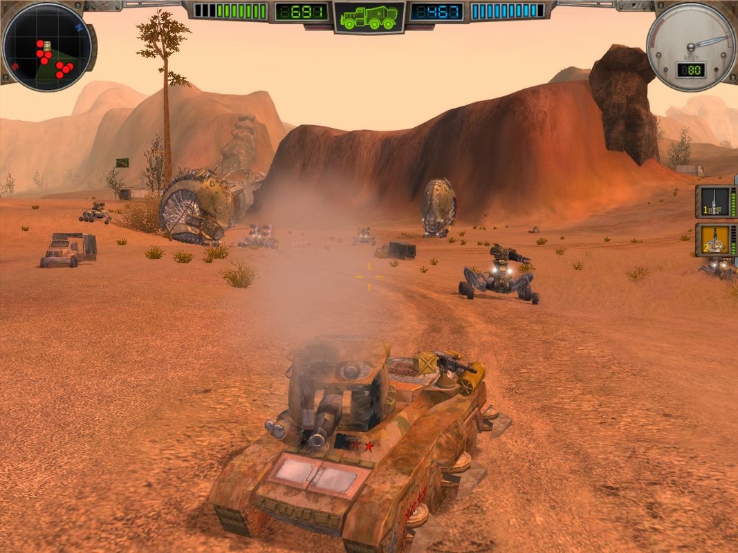 Hard Truck: Apocalypse - Rise of Clans (Windows) screenshot: At certain points, you will be temporarily removed from your truck and forced to use something else. Here, I'm in a tank, fighting haywire robots.