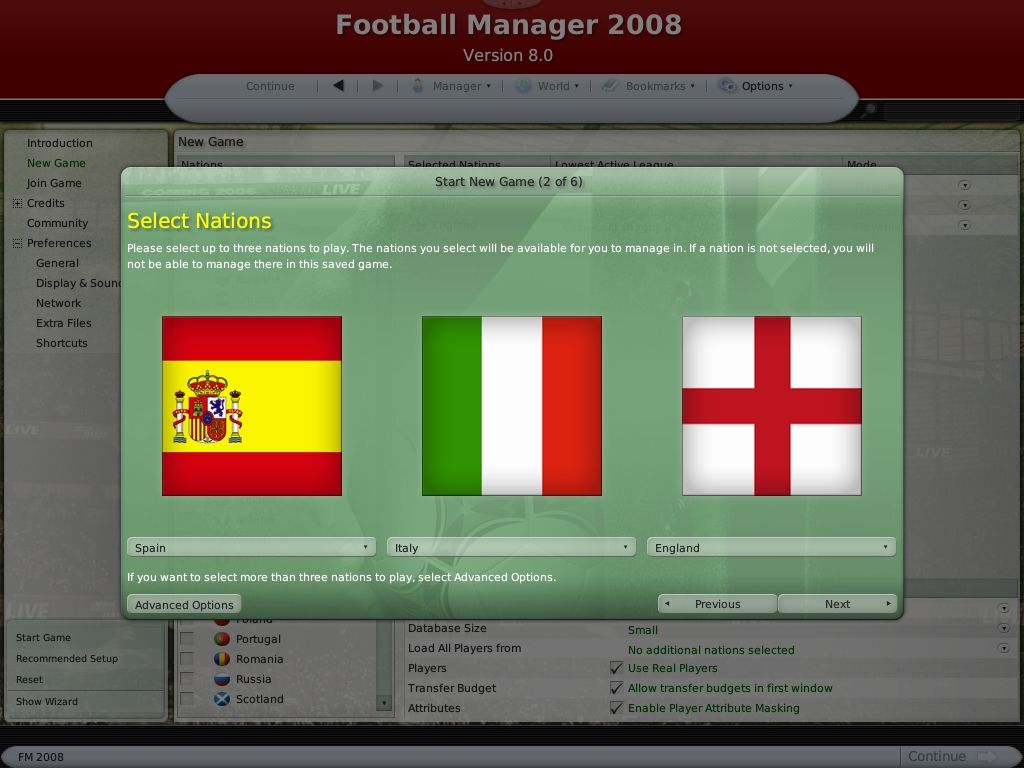 Worldwide Soccer Manager 2008 (Windows) screenshot: Selecting nations to manage, up to three.