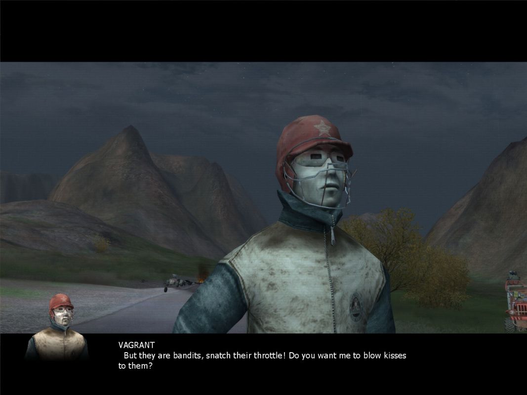 Hard Truck: Apocalypse - Rise of Clans (Windows) screenshot: A closer look at the protagonist, and a sample of his mechanically-themed 'humor.'