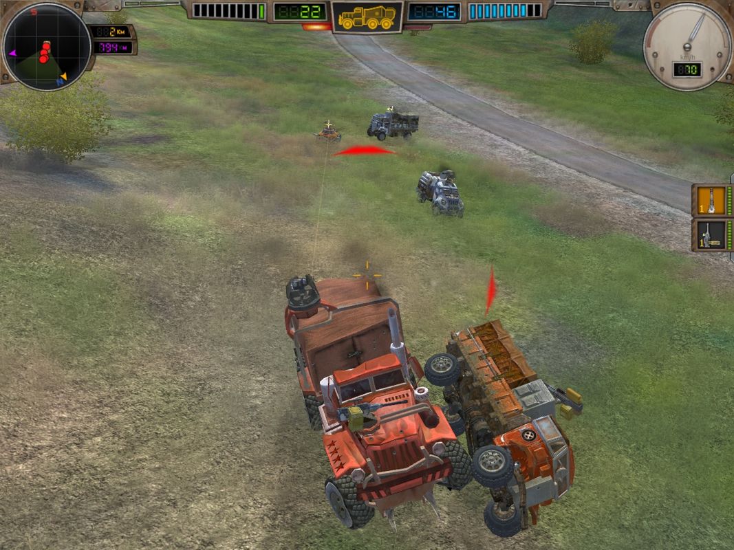Hard Truck: Apocalypse - Rise of Clans (Windows) screenshot: Combat against multiple opponents. Bashing someone out of the way is often the best tactic.