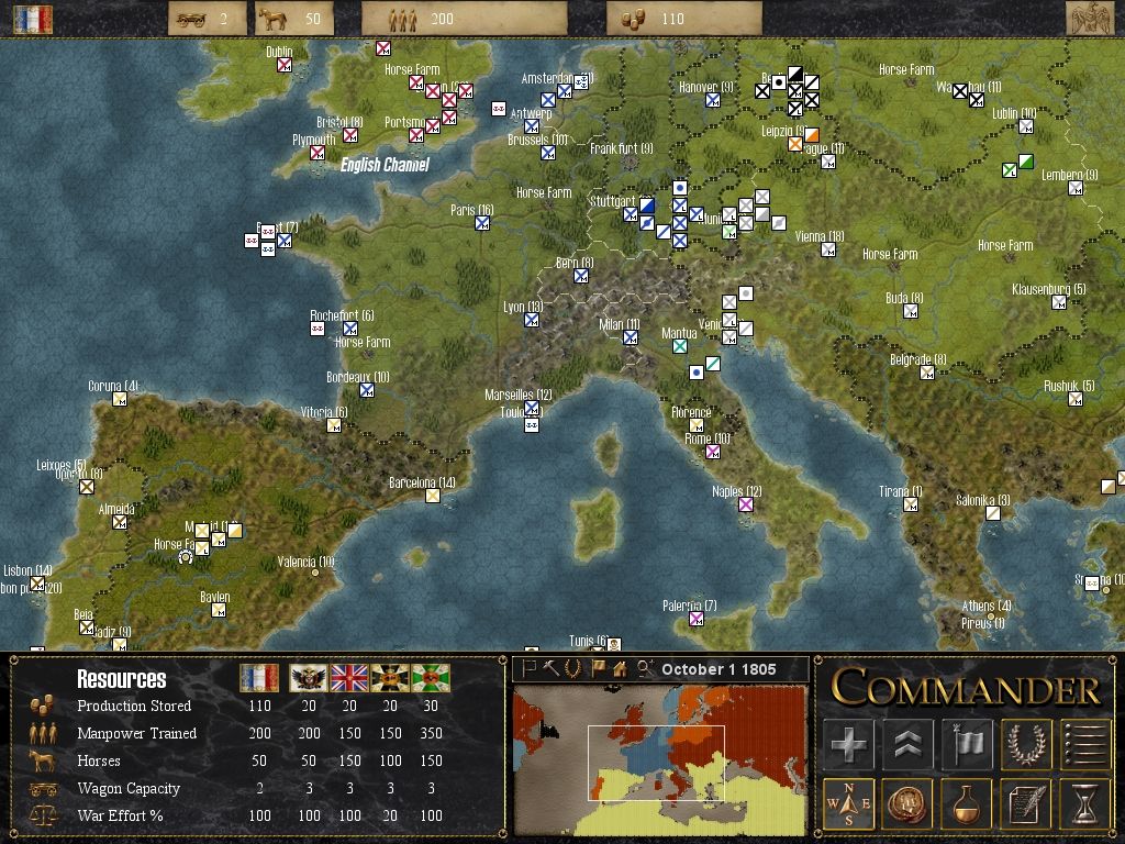 Commander: Napoleon at War (Windows) screenshot: Scrollable map at full zoom out