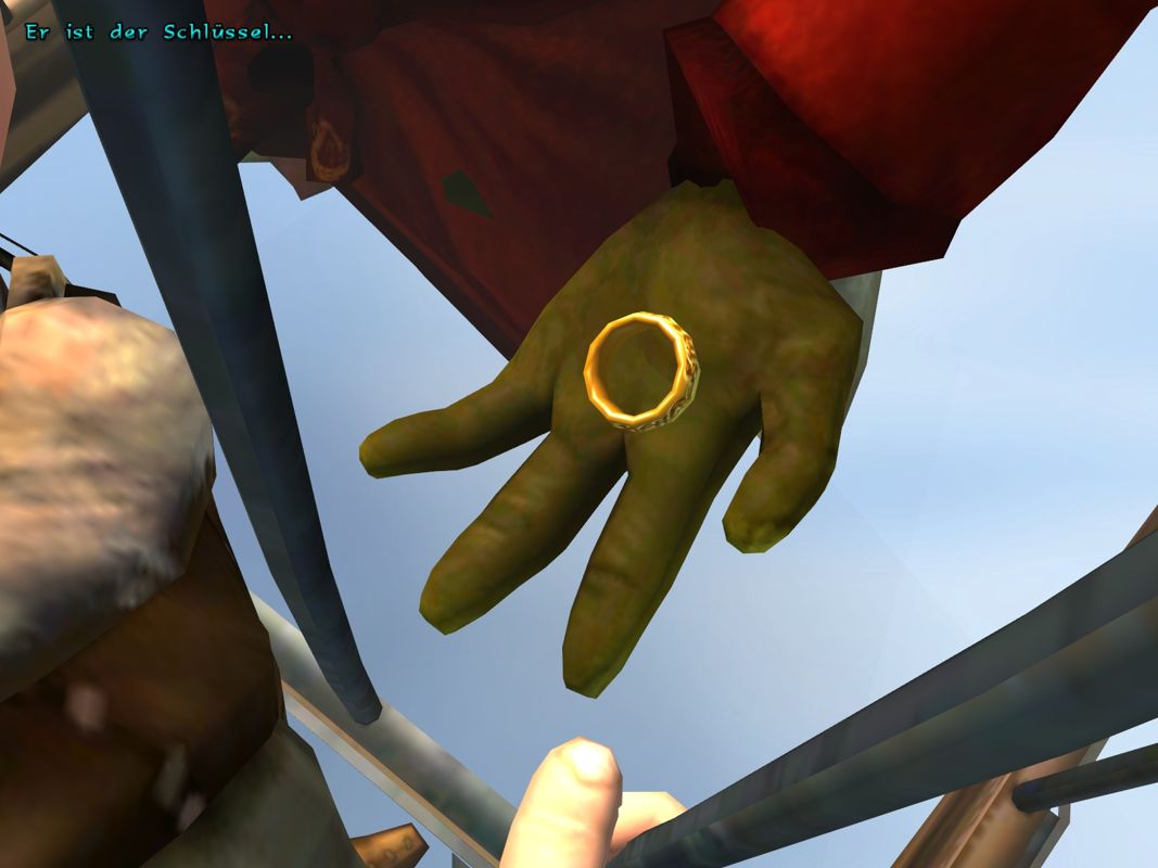 The Book of Unwritten Tales (Windows) screenshot: Mortimer gives Wilbur the One Ring. No not that one, the other one...