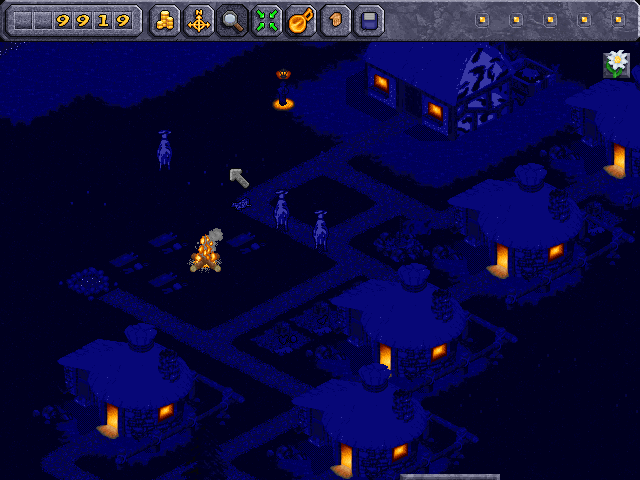 Beasts & Bumpkins (Windows) screenshot: Nighttime. Your villages will reproduce <b>only</b> when sleeping comfortably in homes.
