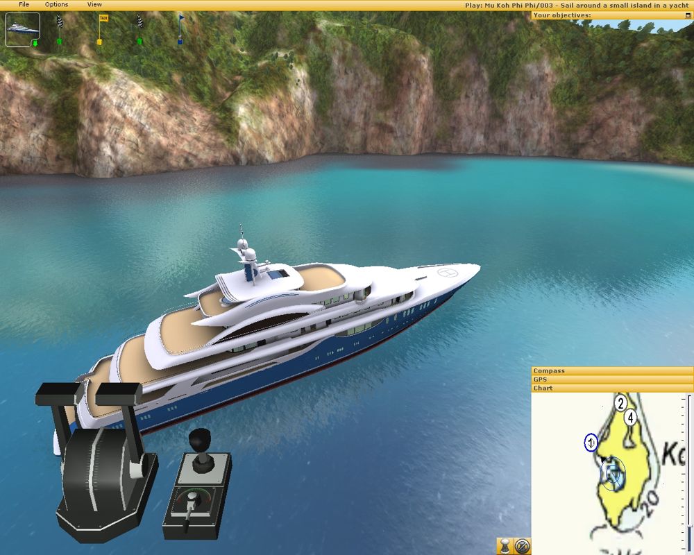 Ship Simulator 2006 (Windows) screenshot: An expensive yacht in my hands !