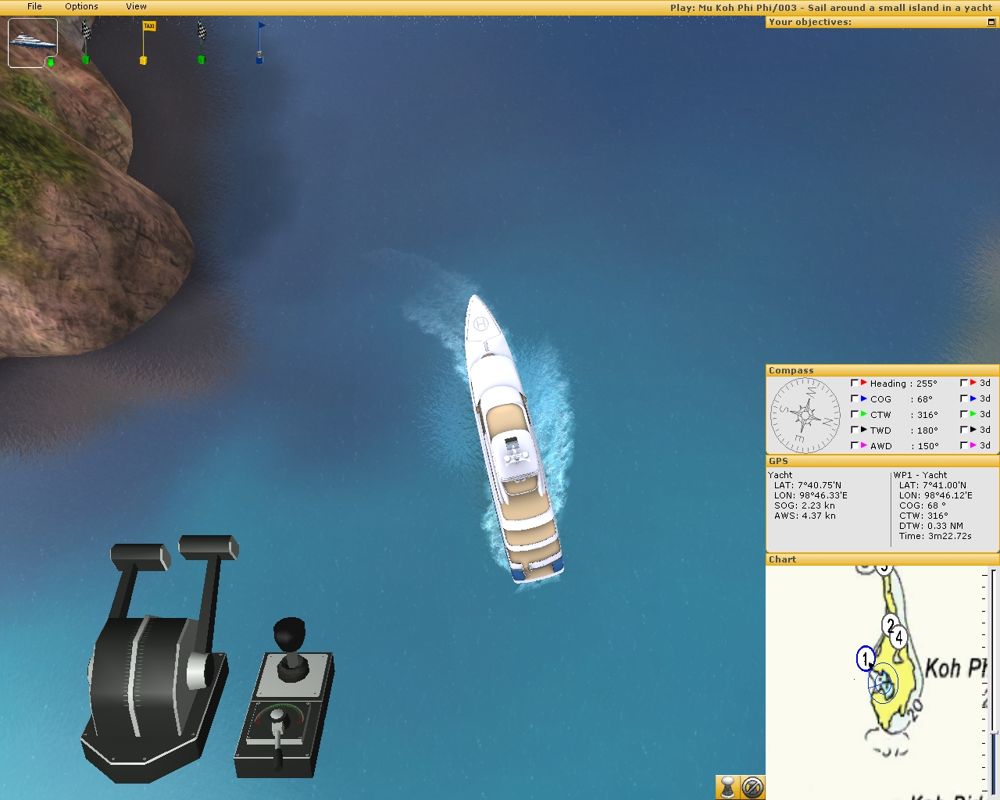 Ship Simulator 2006 (Windows) screenshot: Taking the yacht out of the little bay