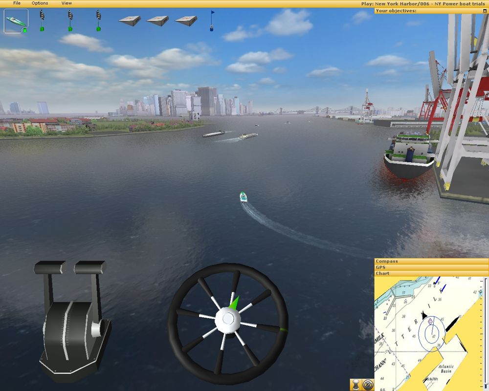 Ship Simulator 2006 (Windows) screenshot: Sailing a Power Boat in New York Harbour