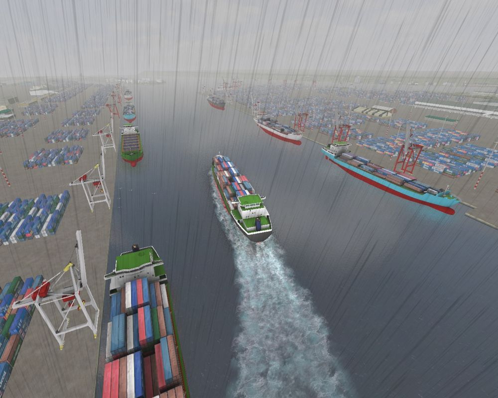 Ship Simulator 2006 (Windows) screenshot: Free way on the channel, under the rain.