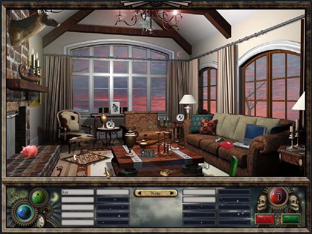 3 Cards to Midnight (Windows) screenshot: A Hidden Object scene, find words to create compounds with "Note".