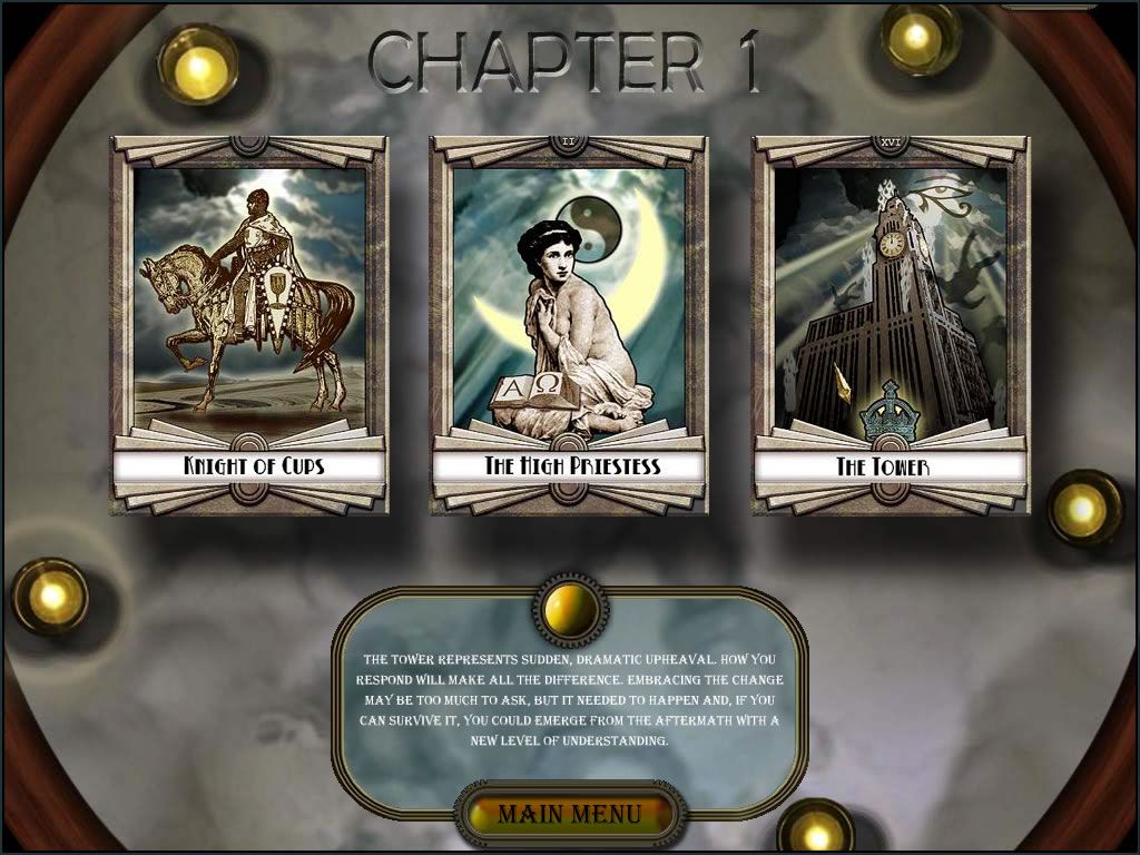 3 Cards to Midnight (Windows) screenshot: In each chapter the order of the story can be chosen randomly based on one of the three available tarot cards.