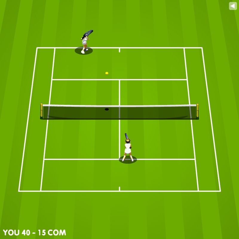 Tennis Game (Browser) screenshot: Exhibition mode: The computer player fires a backhand at the attacking human player.