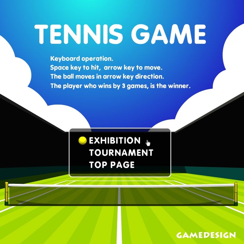 Tennis Game (Browser) screenshot: Title screen and main menu