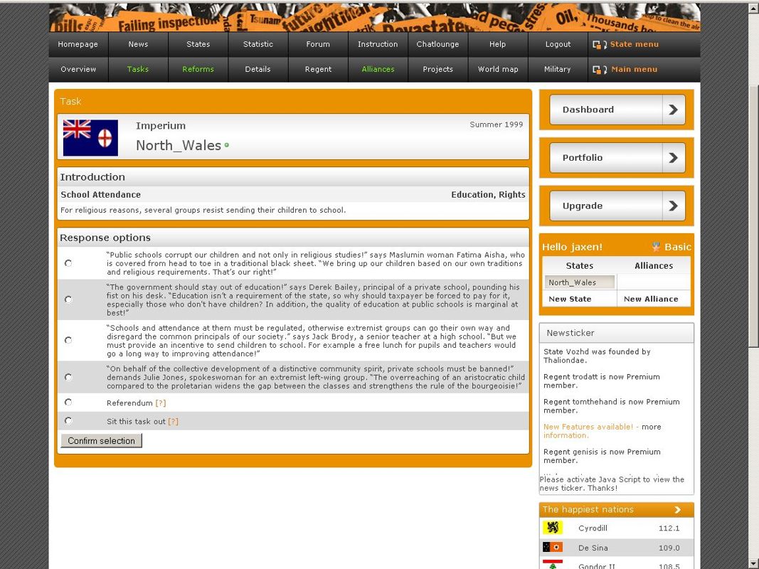 Ars Regendi: The Art of Politics (Browser) screenshot: The response options for a task.