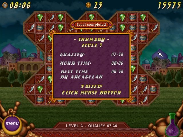 Legend of Aladdin (Windows) screenshot: Summary level 3, Failed !