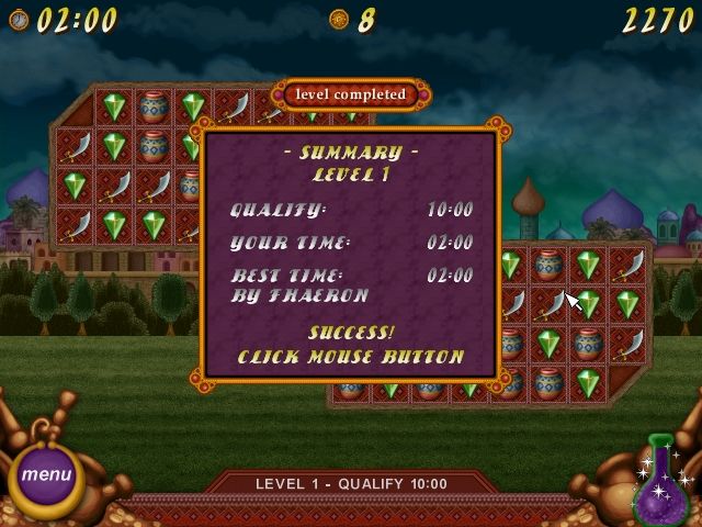 Legend of Aladdin (Windows) screenshot: Summary at the end of the level