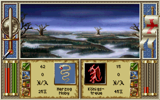 Heirs to the Throne (DOS) screenshot: The battle screen. Armies are represented by the red bars. The landscape has an influence on the defender's strenght.