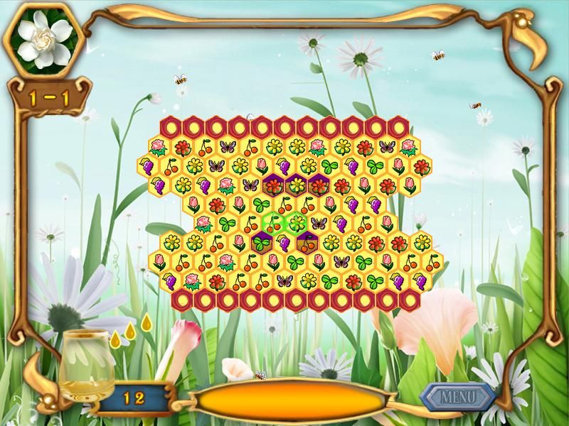 Apiary Quest (Windows) screenshot: I cleared three honey cells and the honey is headed to the jar.