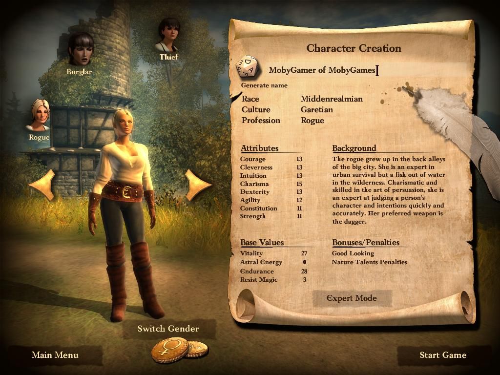 The Dark Eye: Drakensang (Windows) screenshot: Character Creation - The game offers numerous character classes. Each class has a sub-class focusing on different skills.