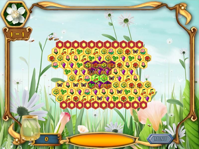Apiary Quest (Windows) screenshot: Level 1-1. I need to clear all the cells with honey to advance.