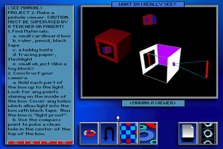The Discoverers (DOS) screenshot: Making a pinhole viewer.