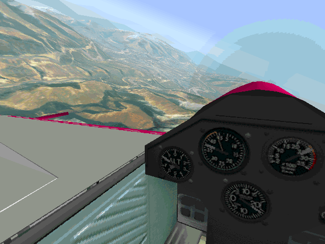 Flight Unlimited (DOS) screenshot: The Sukhoi's virtual cockpit. Instrument panel is dark due to its angle to the sun.
