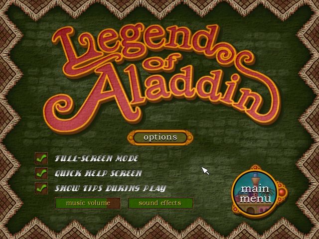Legend of Aladdin (Windows) screenshot: option menu