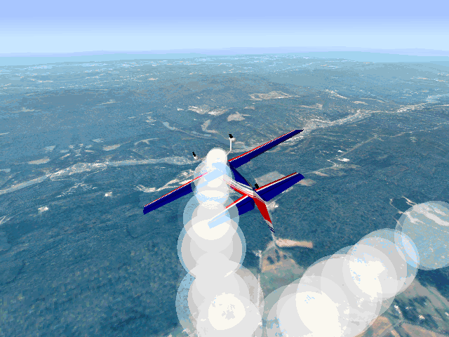 Flight Unlimited (DOS) screenshot: Pulling some stunts in the Extra 300S with the smoke system activated.