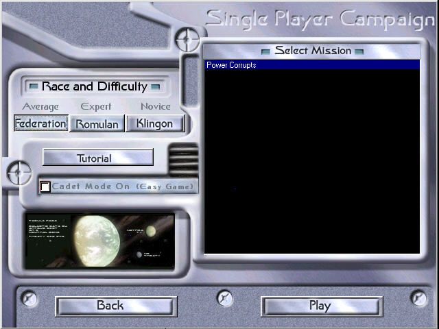 Star Trek: New Worlds (Windows) screenshot: Single player campaign menu.
