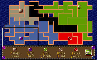 Heirs to the Throne (DOS) screenshot: Statistical screen such as the political map help evaluating the situation.