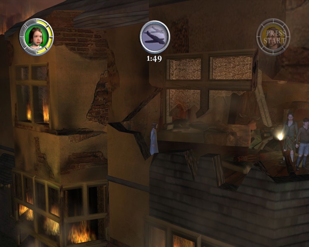 The Chronicles of Narnia: The Lion, the Witch and the Wardrobe (Windows) screenshot: The children trying to flee from the bombs