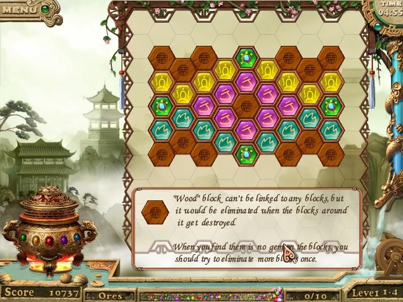 Ancient Wonderland (Windows) screenshot: Level 1-4 has wood blocks. These can be destroyed by making matches next to them.