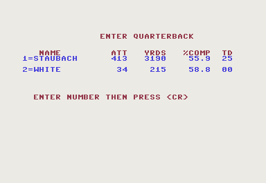 Super Bowl Sunday (Commodore 64) screenshot: Your passing downs pick a QB