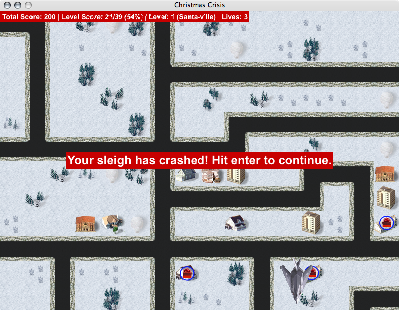 Christmas Crisis (Macintosh) screenshot: I seem to have crashed! Not to worry, I have an extra life.