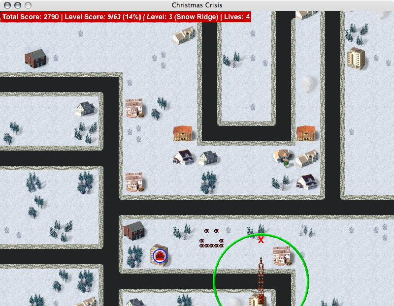 Christmas Crisis (Macintosh) screenshot: Presents which have missed a house lay on their side in the snow.