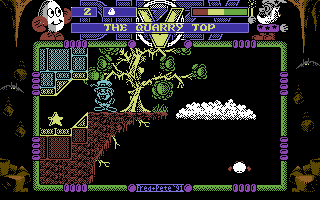 Spellbound Dizzy (Commodore 64) screenshot: Leaping through the air, but can't quite reach that cloud...
