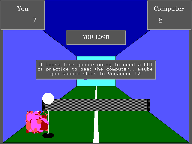 3DWorld (DOS) screenshot: A screen fit for a demotivational poster.- you're no good at ping-pong, astronaut!