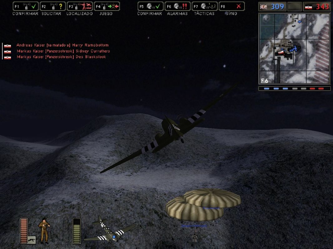 Battlefield 1942: Secret Weapons of WWII (Windows) screenshot: Troops jumping over the enemy base.
