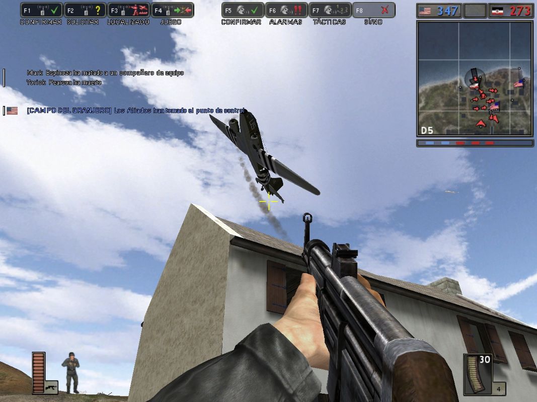 Battlefield 1942: Secret Weapons of WWII (Windows) screenshot: C47 flying over the village. The enemy soldiers can spawn on this aircraft and use the parachute.