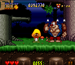 Speedy Gonzales in Los Gatos Bandidos (SNES) screenshot: This boss have many muscles! However, he's no brain...