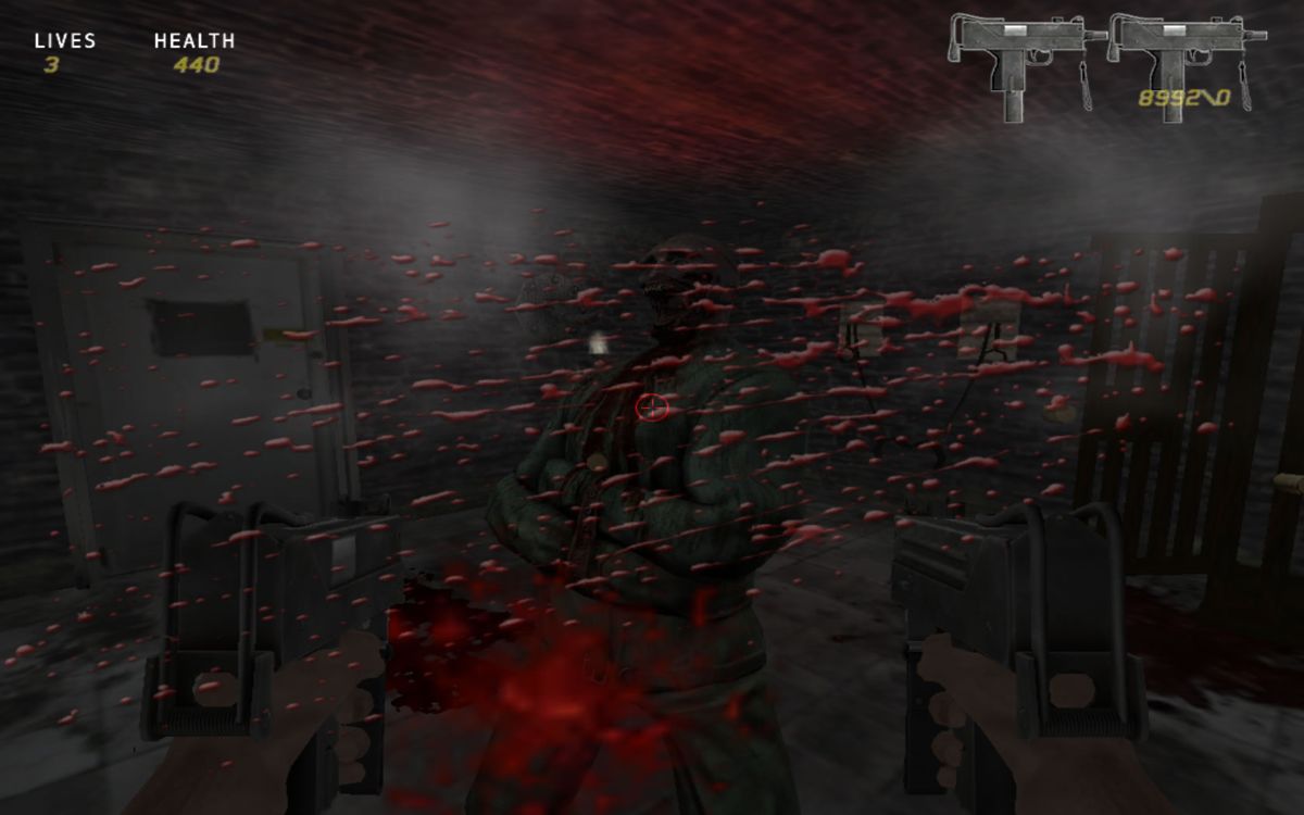 Run for Your Life (Windows) screenshot: Attacked by an enemy, blood splatters all over the screen.