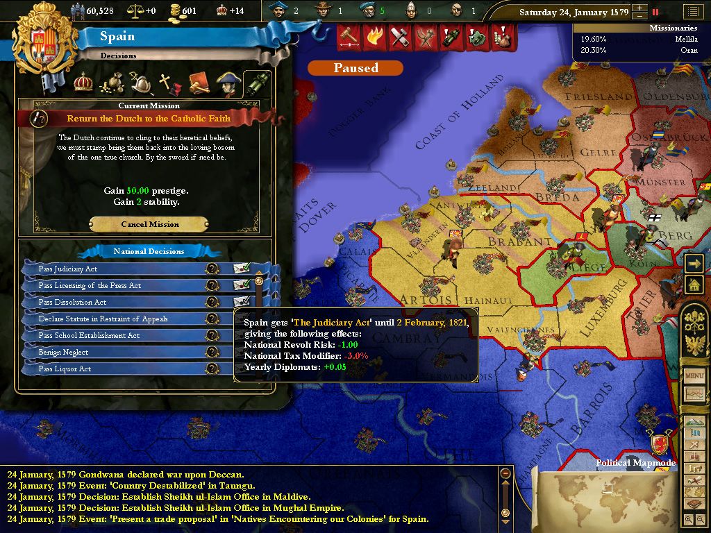 Europa Universalis III: In Nomine (Windows) screenshot: The new decisions and mission screen