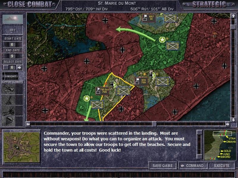 Close Combat: The Longest Day (Windows) screenshot: Campaign Map - During campaigns movement orders can be given to battlegroups to attack adjacent maps controlled by the enemy.